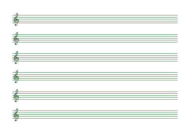 五線譜のテンプレート：ト音譜表（6段）グリーン