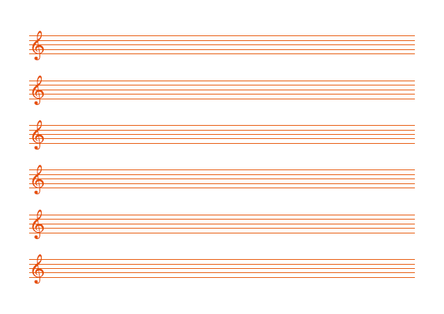 五線譜のテンプレート：ト音譜表（6段）オレンジ