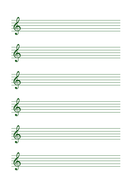 五線譜のテンプレート：ト音譜表（6段）グリーン