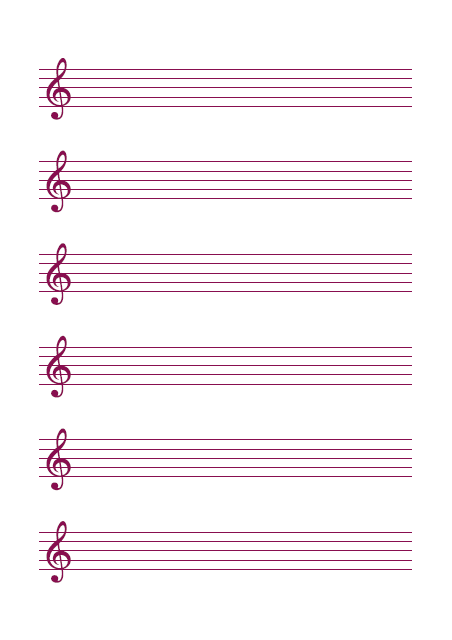 五線譜のテンプレート：ト音譜表（6段）ピンク
