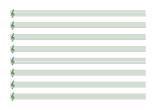 五線譜のテンプレート：ト音（8段）グリーン