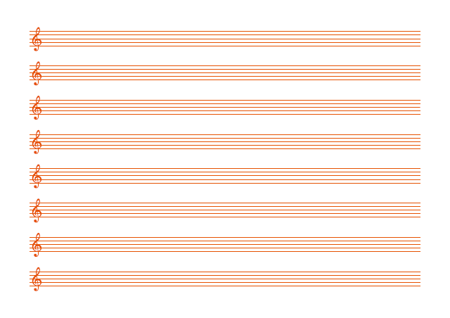 五線譜のテンプレート：ト音譜表（8段）オレンジ