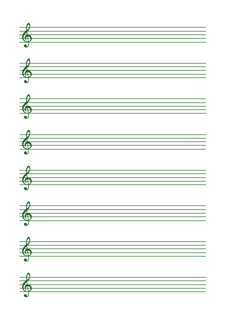 五線譜のテンプレート：ト音譜表（8段）グリーン