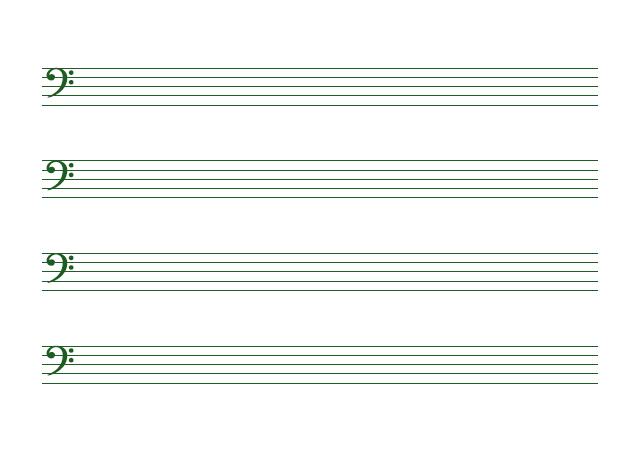 五線譜のテンプレート：ヘ音（4段）グリーン