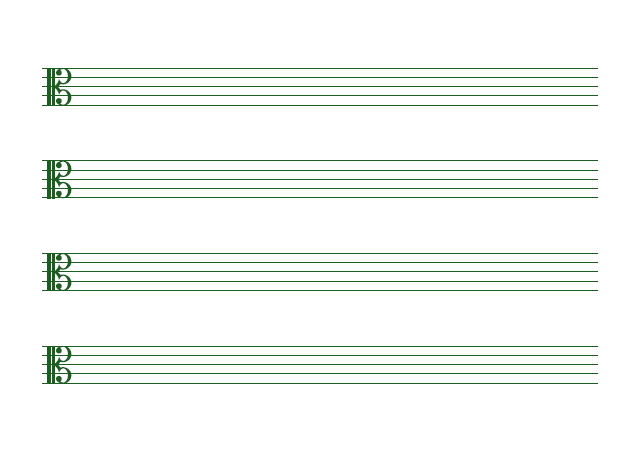 五線譜のテンプレート：ハ音譜表（4段）グリーン