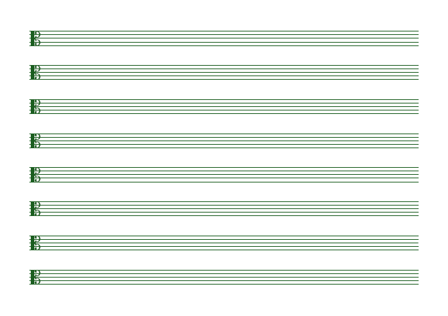 五線譜のテンプレート：8段（ハ音）グリーン