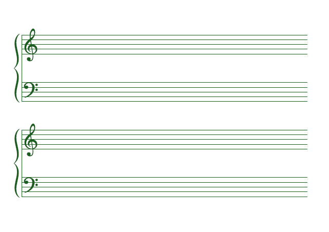 五線譜のテンプレート：大譜表（4段）グリーン