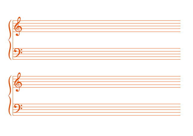 五線譜のテンプレート：4段（大譜表）オレンジ