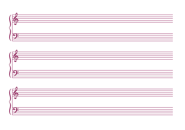 五線譜のテンプレート：大譜表（6段）ピンク