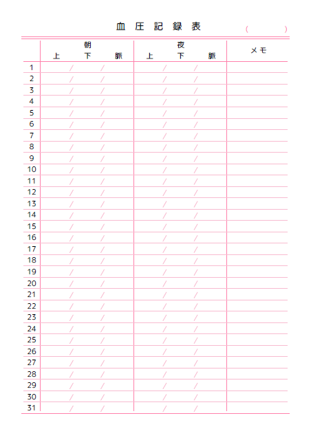 バイタル表のテンプレート：1ヶ月（血圧）ピンク